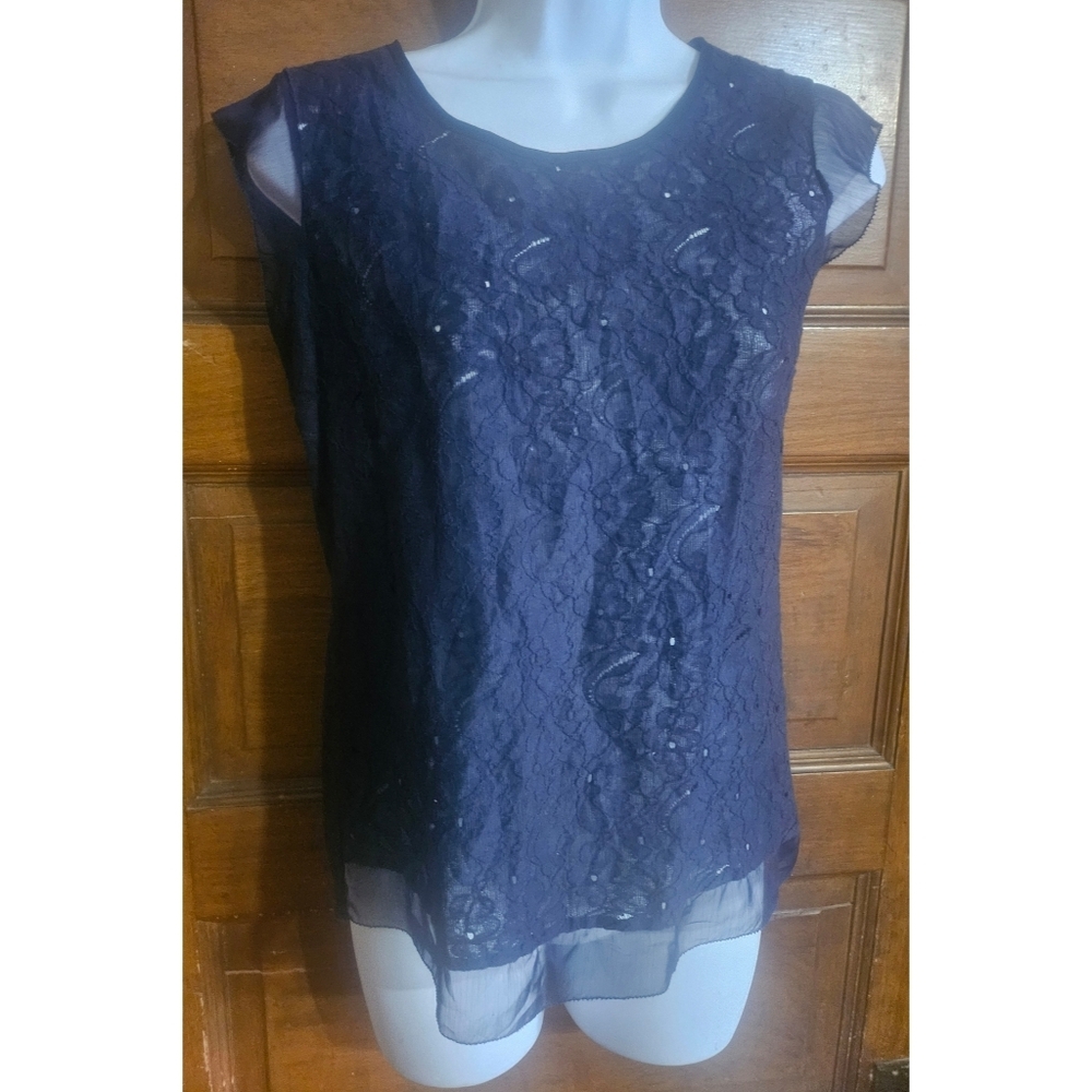 The Limited Navy Blue Lace Overlay Sheer Sleeveless Blouse